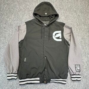 Ecko Unltd Men's Hooded Varsity Jacket Black Grey Patch Logo Full Button Size L